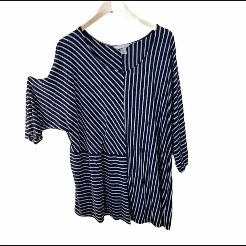 CJ Banks 3X Blue/white striped open shoulders top